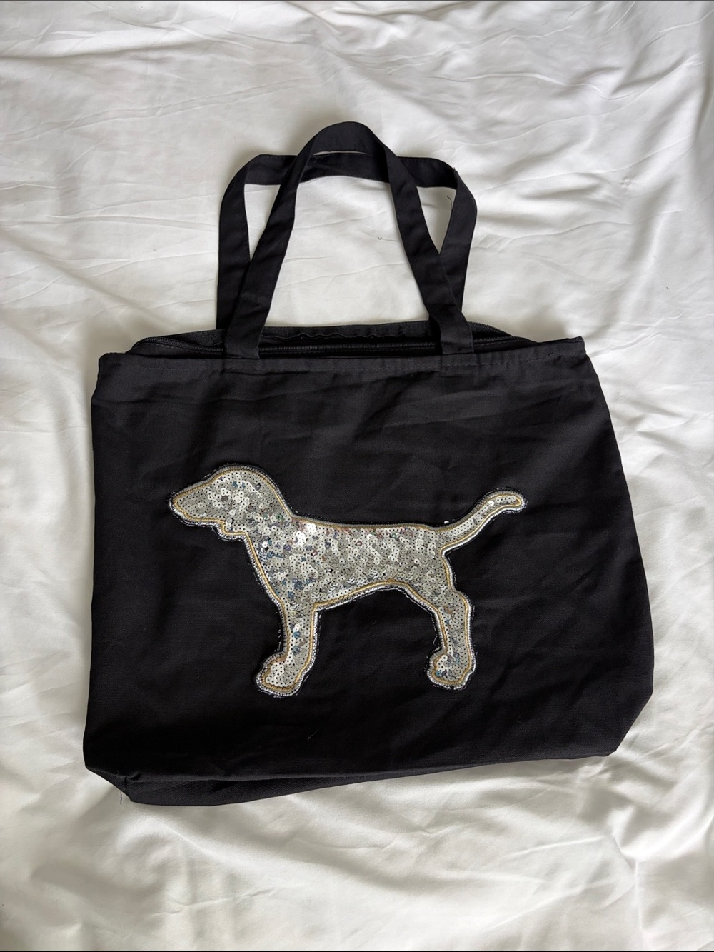 Upcycled Canvas Black Tote Bag with Silver Sequin Dog Accent